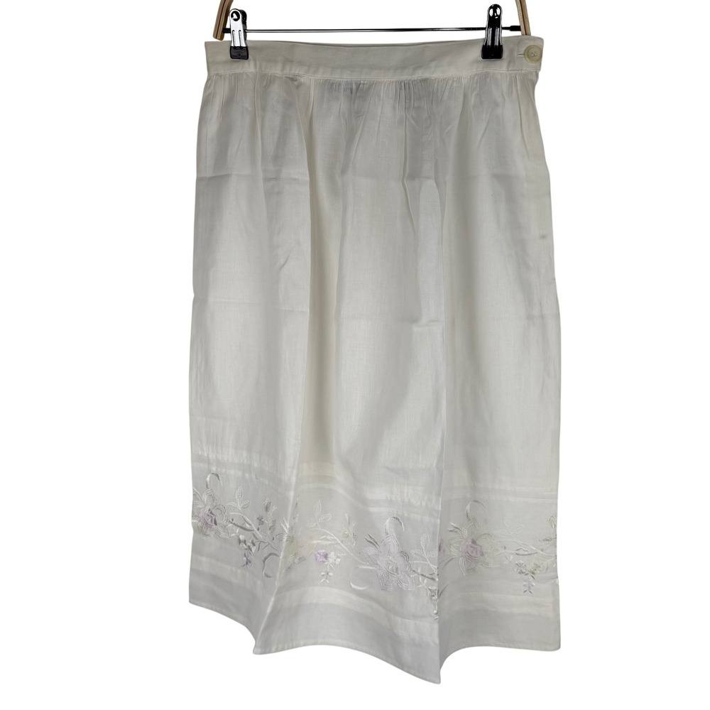 Nilani Vintage 80s White Linen Blend Floral Embroidered Midi Skirt Waist 31"